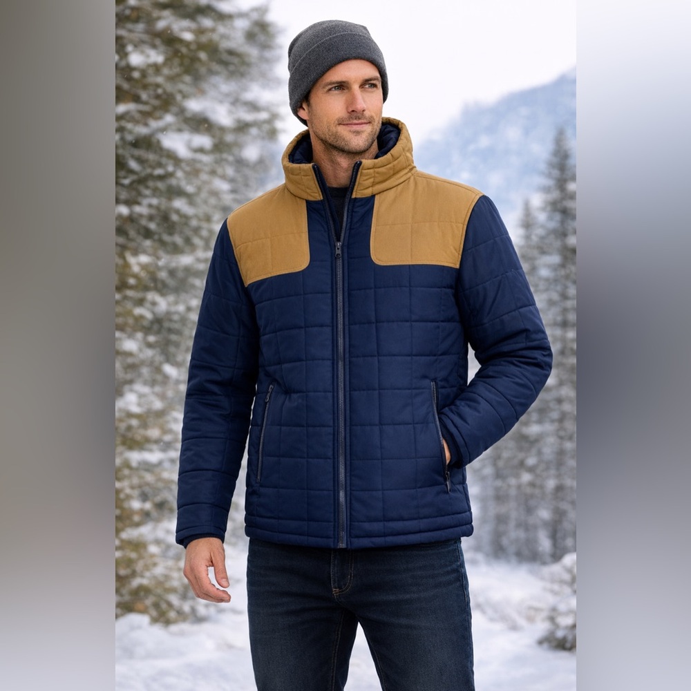 Nomad E-Josiah Padded Jacket Medium Navy Blue Tan Colorblock Winter Outdoor Coat